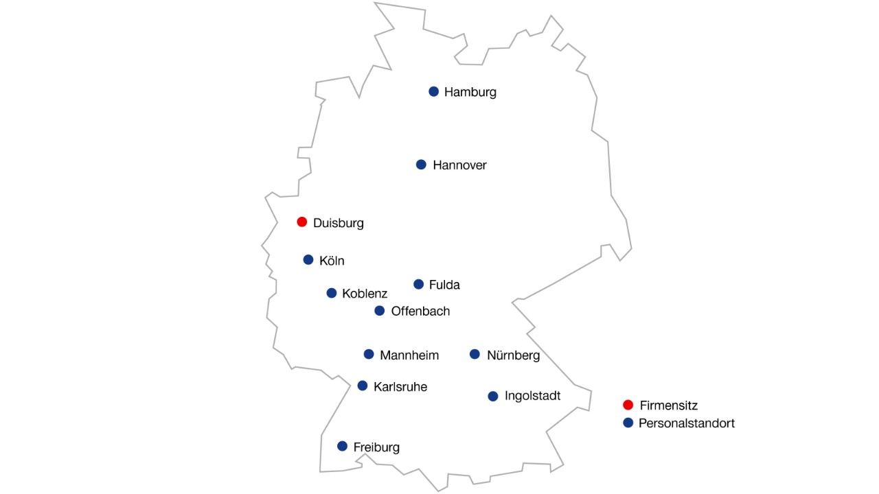 Standorte von RT&S in Deutschland: Duisburg, Hamburg, Hannover, Köln, Fulda, Offenbach, Koblenz, Mannheim, Nürnberg, Karlsruhe, Ingolstadt,  Freiburg.